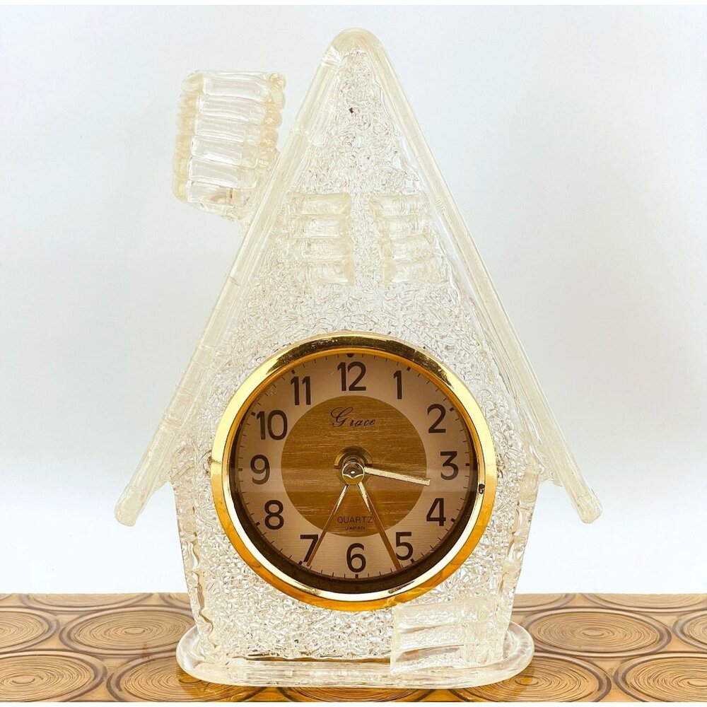 Vintage 60s clock, spun spaghetti clear lucite, working desk clock, home shaped